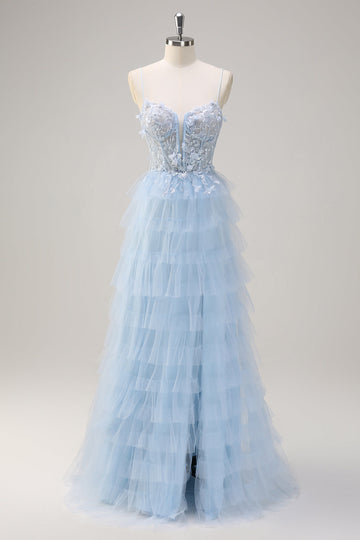 Light Blue Spaghetti Straps A-Line Tulle Tiered Long Corset Formal Dress with Slit